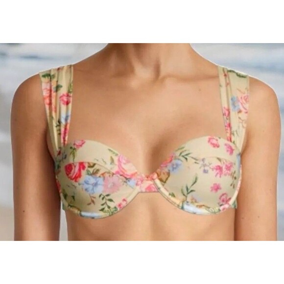 WeWoreWhat Bikini Top XL Underwire Foam Wide Pleat Straps Yellow Floral Romantic - Picture 1 of 8